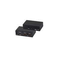 Schwarze HDMI-Umschalterbox mit mehreren Eingangsanschlüssen und Anzeigelampen, dargestellt auf weißem Hintergrund.