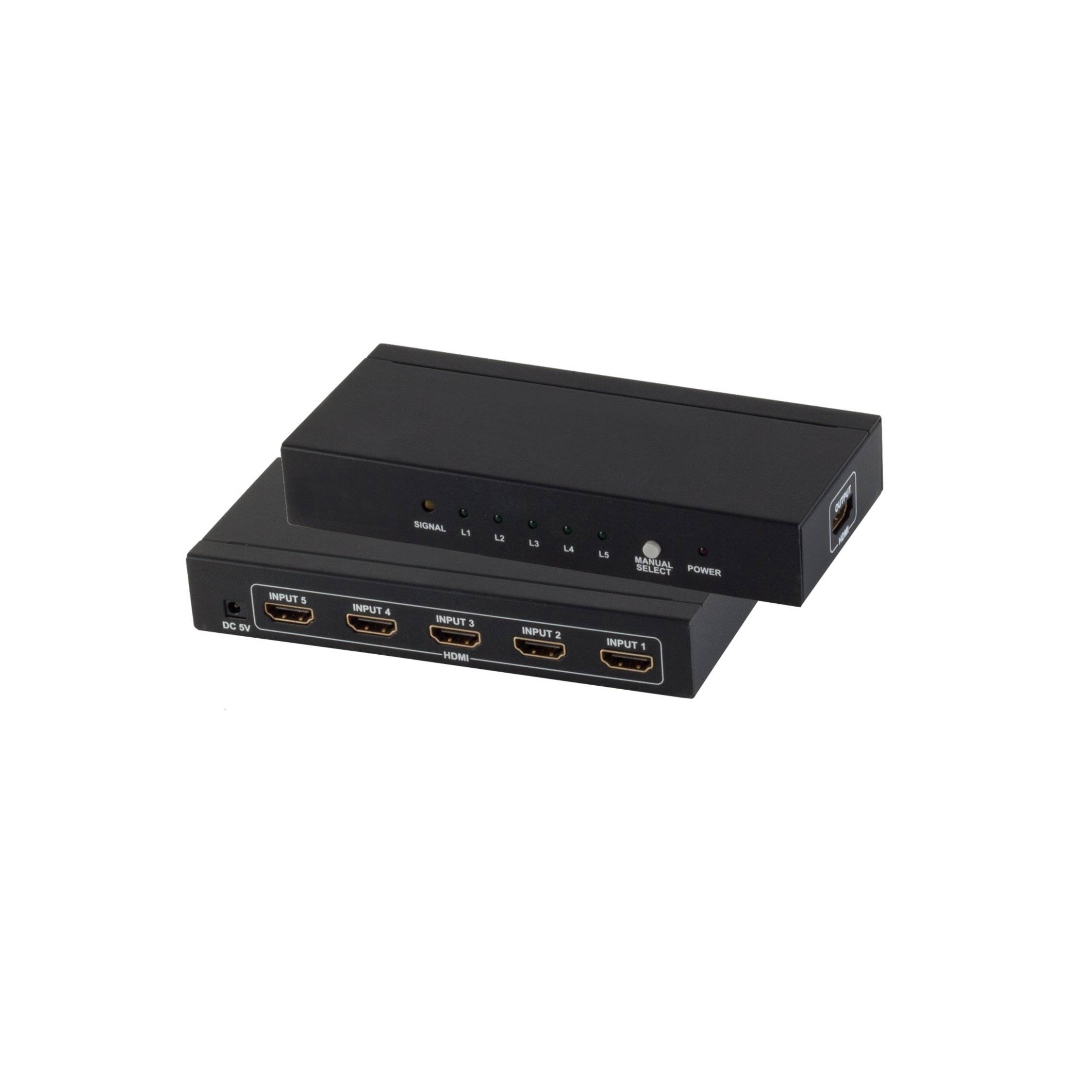 Schwarze HDMI-Umschaltbox mit mehreren Eingänganschlüssen, Signal- und Stromversorgungsanzeigeleuchten sowie einer seitlichen USB-Stromverbindung.