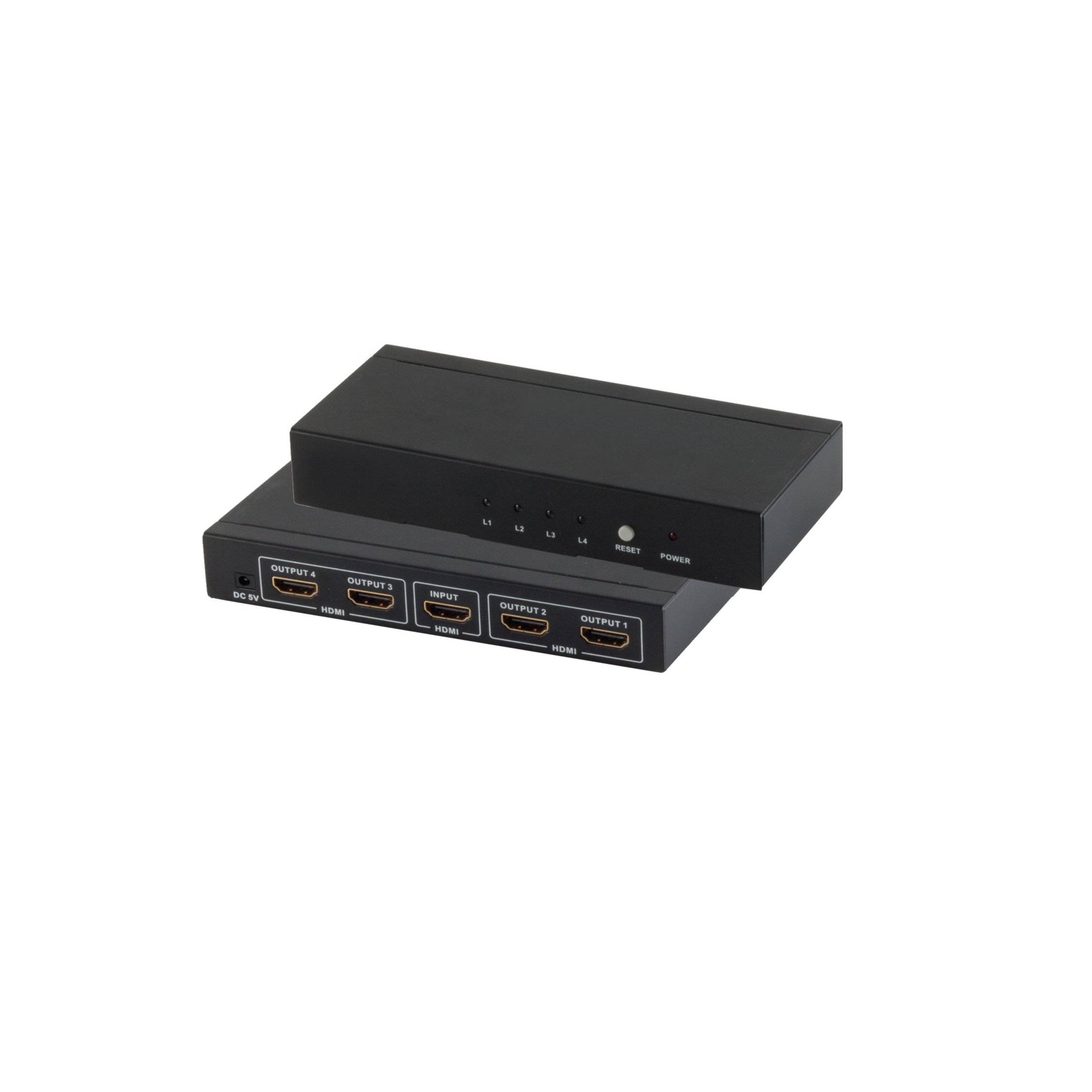 Schwarze HDMI-Umschalterbox mit mehreren Ein- und Ausgängen und vorderen Anzeigelichtern auf weißem Hintergrund.