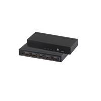 Schwarzes elektronisches Gerät mit fünf USB-Anschlüssen an der Vorderseite und Statusleuchten auf weißem Hintergrund.