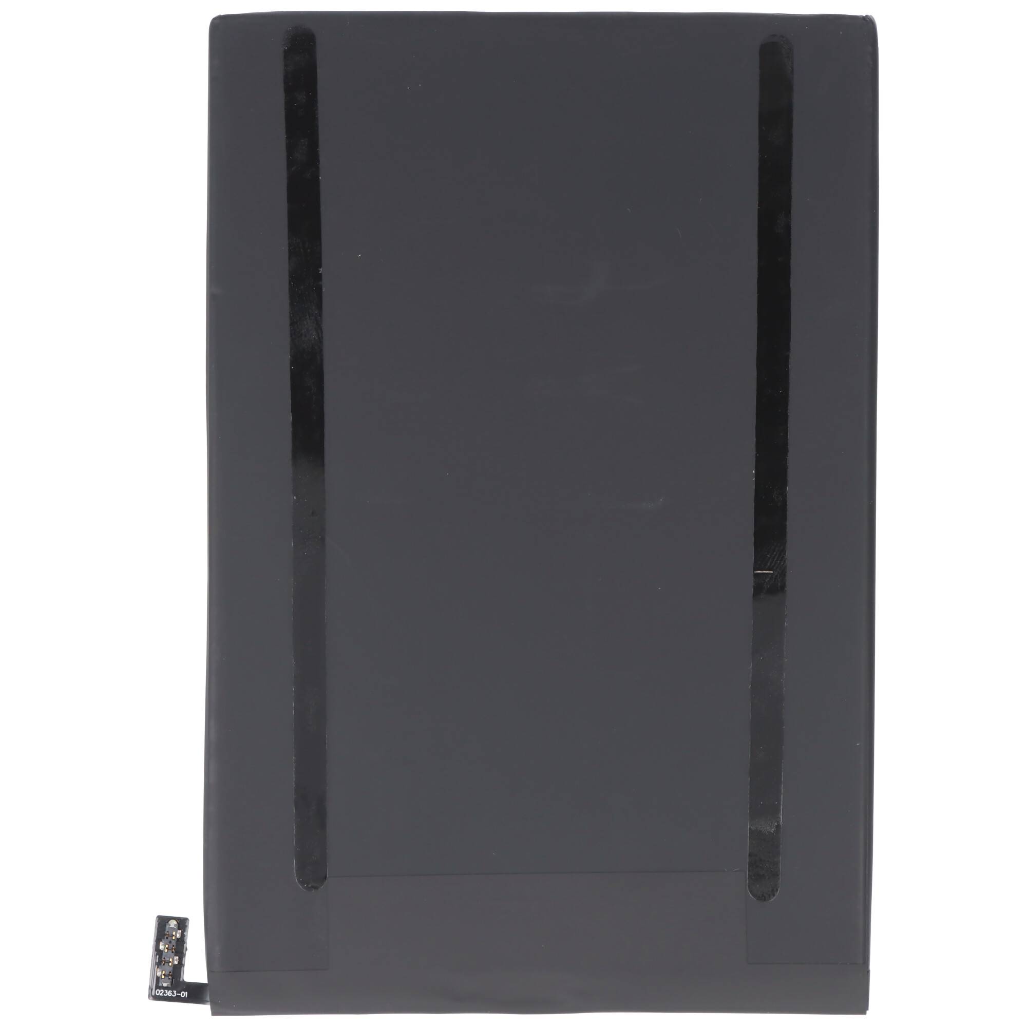 Eine schwarze rechteckige Gerätebatterie mit zwei vertikalen Klebestreifen auf weißem Hintergrund.