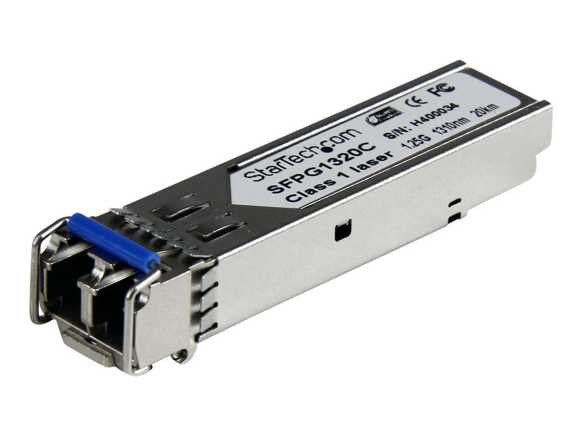 Ethernet-SFP-Transceiver-Modul mit der Bezeichnung StarTech.com SFPGLCSXMM, mit blauem Zugtab und Metallgehäuse.