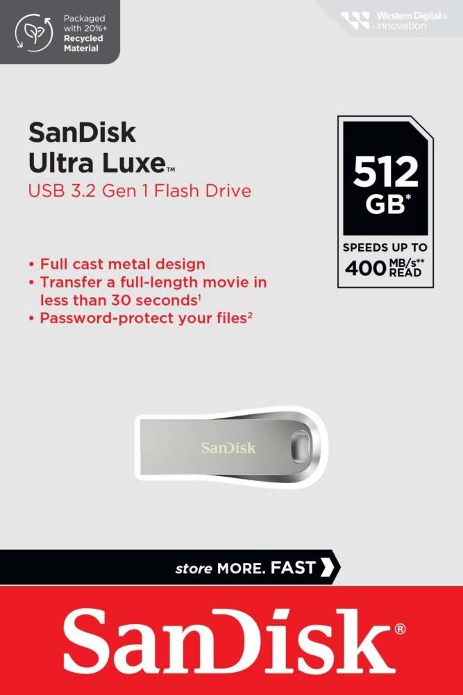 SanDisk Ultra Luxe USB 3.1 Gen 1 Flash-Laufwerk, 512 GB. Vollständiges Metallgehäuse-Design. Übertragung eines Spielfilms in weniger als 30 Sekunden. 400 MB/s Lesegeschwindigkeit.