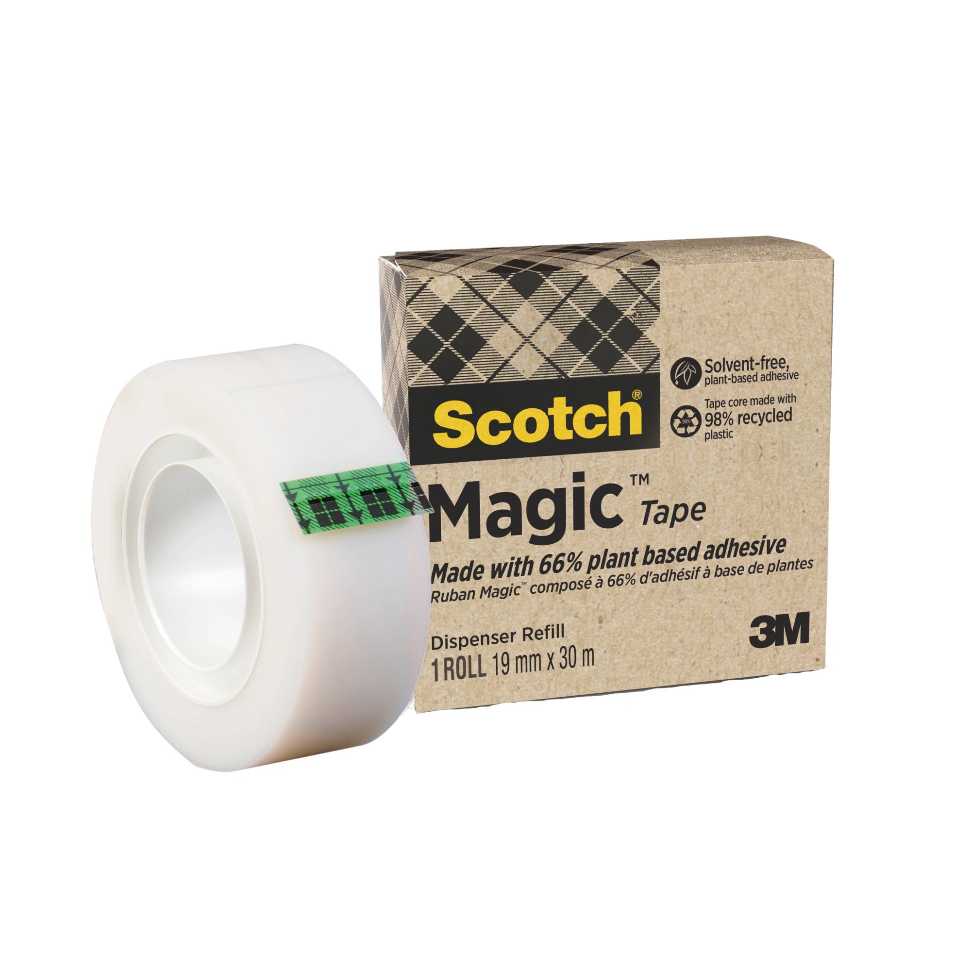 Scotch Magic Tape Rolle mit Spenderbox Nachfüllpack, beschriftet mit „Hergestellt mit 66% pflanzlichem Klebstoff