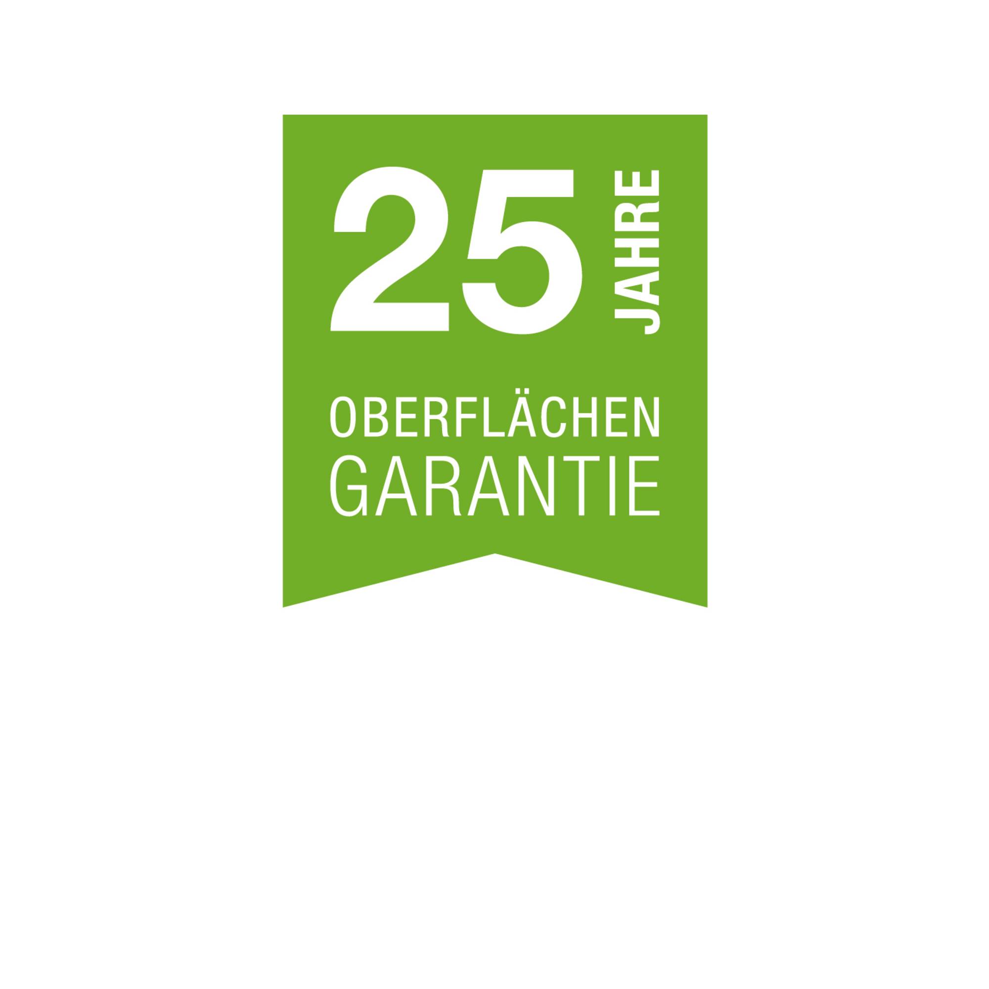 Grünes Garantie-Abzeichen mit der Aufschrift „25 Jahre Oberflächen Garantie
