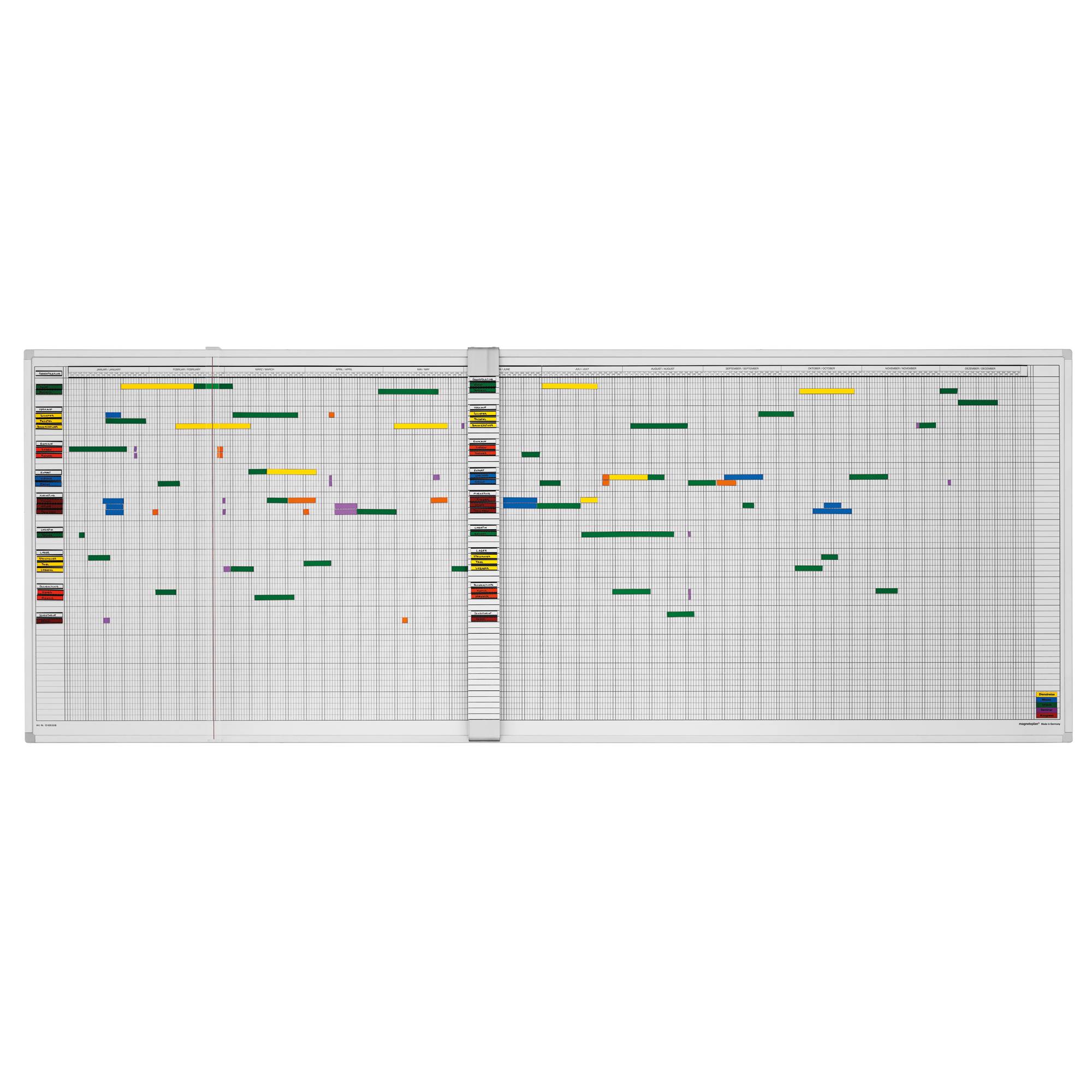 Zwei-Seiten-Kalender oder Gantt-ähnliches Planungsgitter mit vielen farbigen horizontalen Balken, die Aufgaben oder Ereignisse über Daten hinweg markieren.