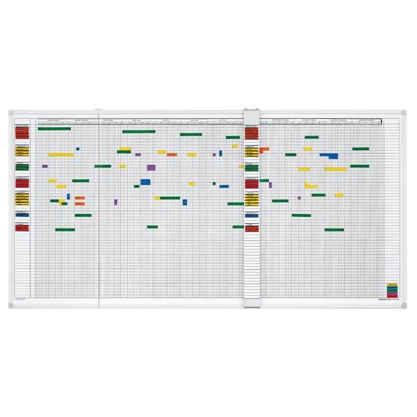 Ein großer Wandkalender-Planer mit einem Gitterfeld von Tagen und vielen farbigen Balken, die geplante Ereignisse über den Monat hinweg markieren.