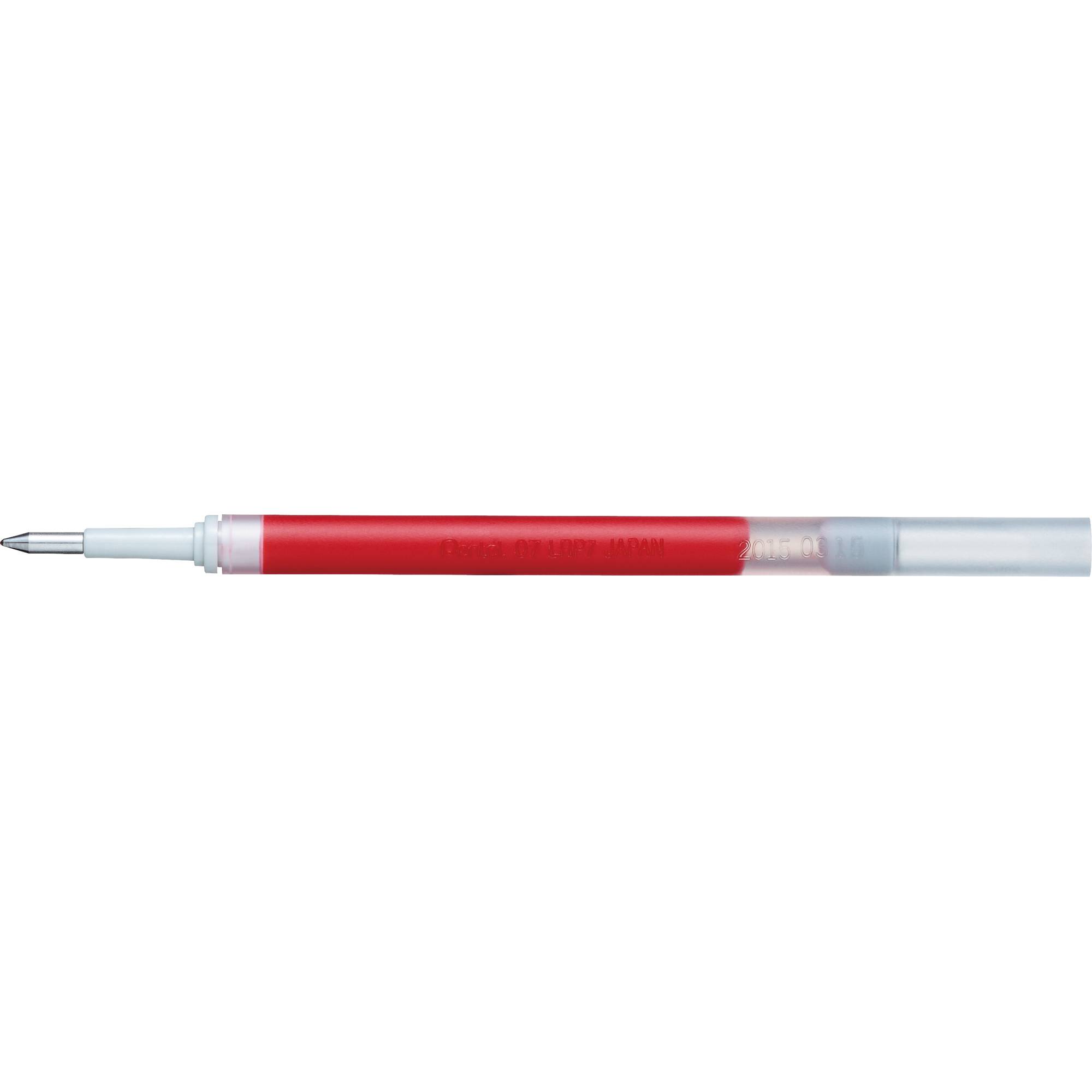 Roter Stift mit durchsichtiger Kappe, horizontal auf weißem Hintergrund dargestellt.