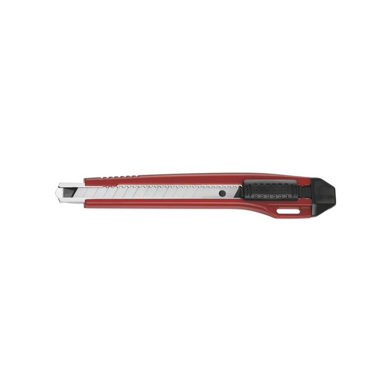 Rotes Cuttermesser mit einziehbarer silberner Klinge und schwarzem Griff auf weißem Hintergrund.