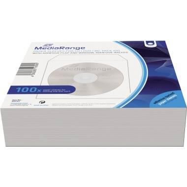 Stapel von MediaRange DVD+R-Discs in einer weiß-blauen Einzelhandelsverpackung mit der Aufschrift „100x