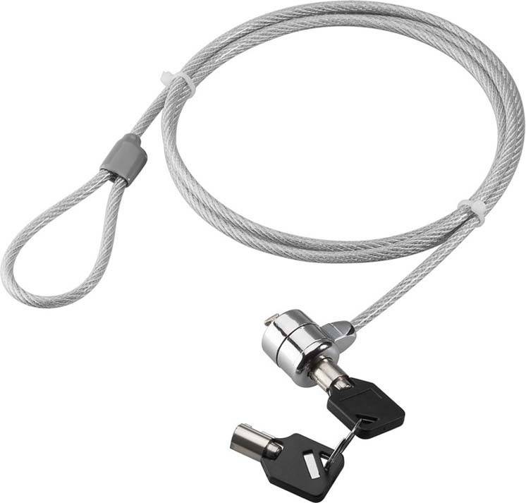 Ein aufgewickeltes Sicherheitskabel-Schloss mit Schlüsseln, entwickelt zum Sichern von tragbaren elektronischen Geräten, um Diebstahl zu verhindern, ausgestattet mit einer robusten Metallschlaufe und Verschlussmechanismus.