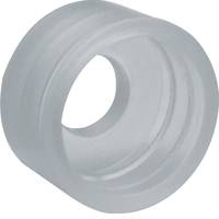 Ein transparenter Plastikring, zylindrisch geformt, mit glatter Oberfläche und einem zentralen Loch, der als Abstandshalter oder Verbinder verwendet wird.