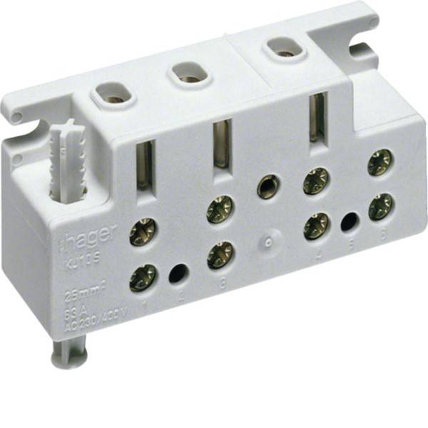 Dreipol-Elektroklemmenblock mit beschrifteten Schraubanschlüssen für Leitungen, bewertet mit 63A, 250V AC, geeignet für industrielle Anwendungen.