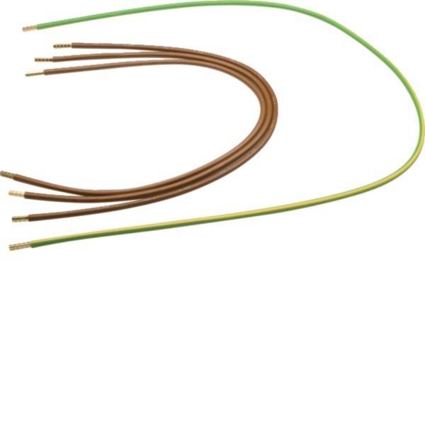 Vier braune Kabel und ein grün-gelbes Kabel, möglicherweise für elektrische Verbindungen verwendet, sind mit ihren Enden ausgerichtet.