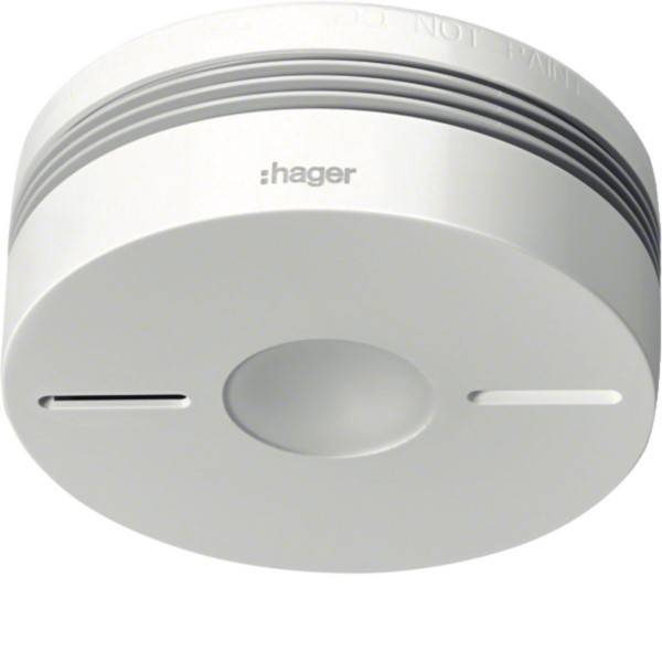 Weißer Hager-Rauchmelder mit kreisförmigem belüftetem Design und zentralem Sensor auf einfachem Hintergrund.