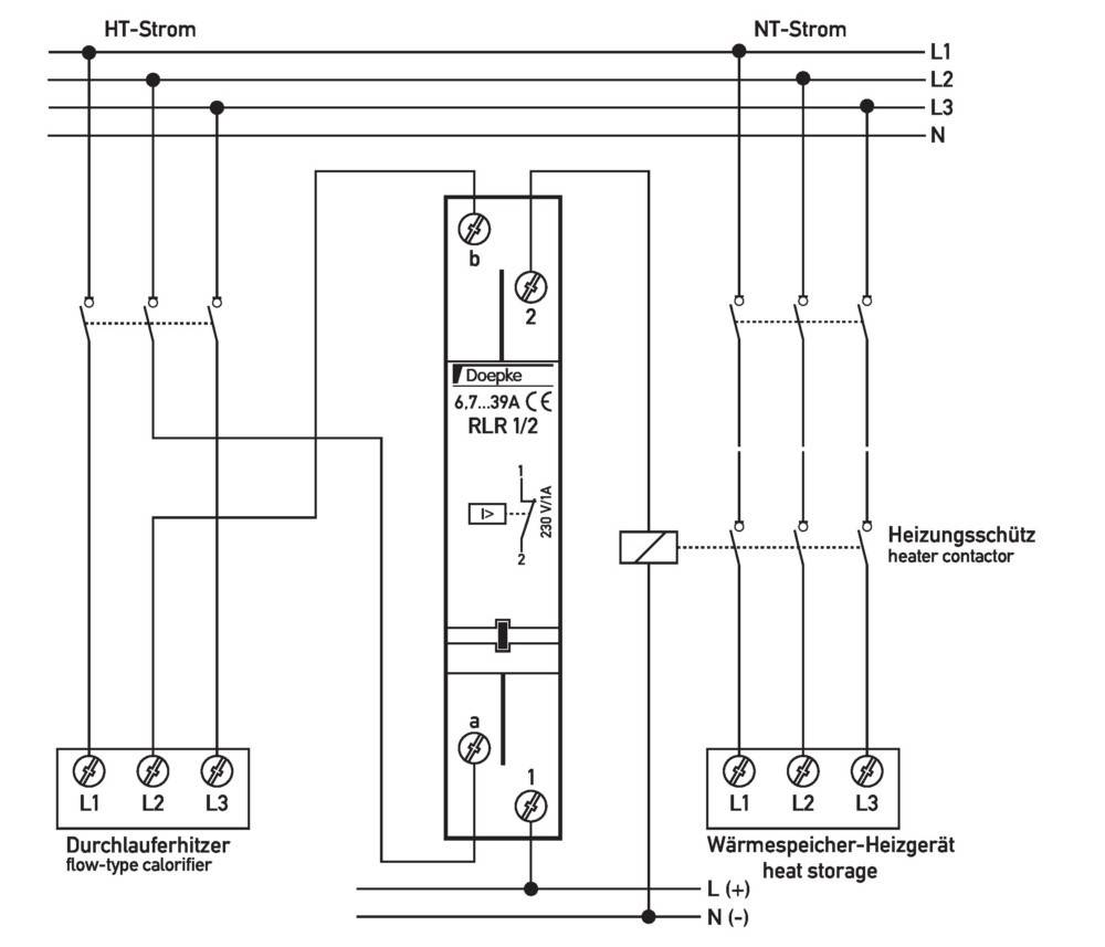 Elektrisches Schaltkreisdiagramm, das die Verbindungen zwischen HT-Strom und NT-Strom zeigt. Enthält Details zu einem Relais, einem Widerstand und einem Warmwasserspeicher.