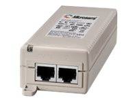 Beige-farbener Netzwerkadapter mit zwei Ethernet-Anschlüssen auf der Vorderseite und einer beschrifteten Oberseite, isoliert auf weißem Hintergrund dargestellt.