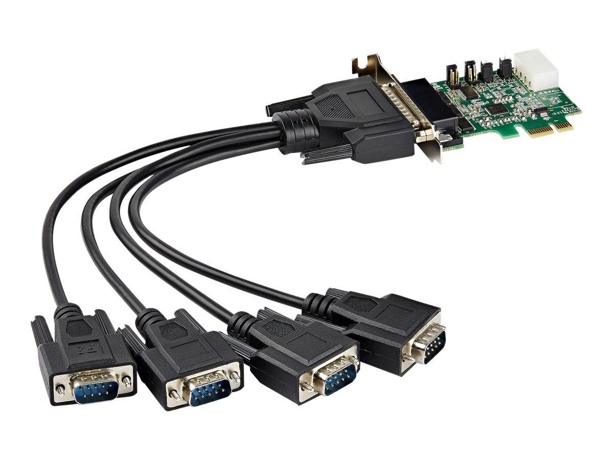 Computererweiterungskarte mit Breakout-Kabel, das sich in vier serielle D-Sub-Steckverbinder aufteilt