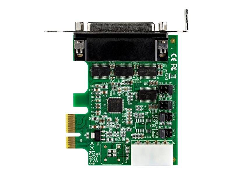 PCI-Erweiterungskarte mit Metallhalterung und mehreren Anschlüssen, dargestellt auf weißem Hintergrund.