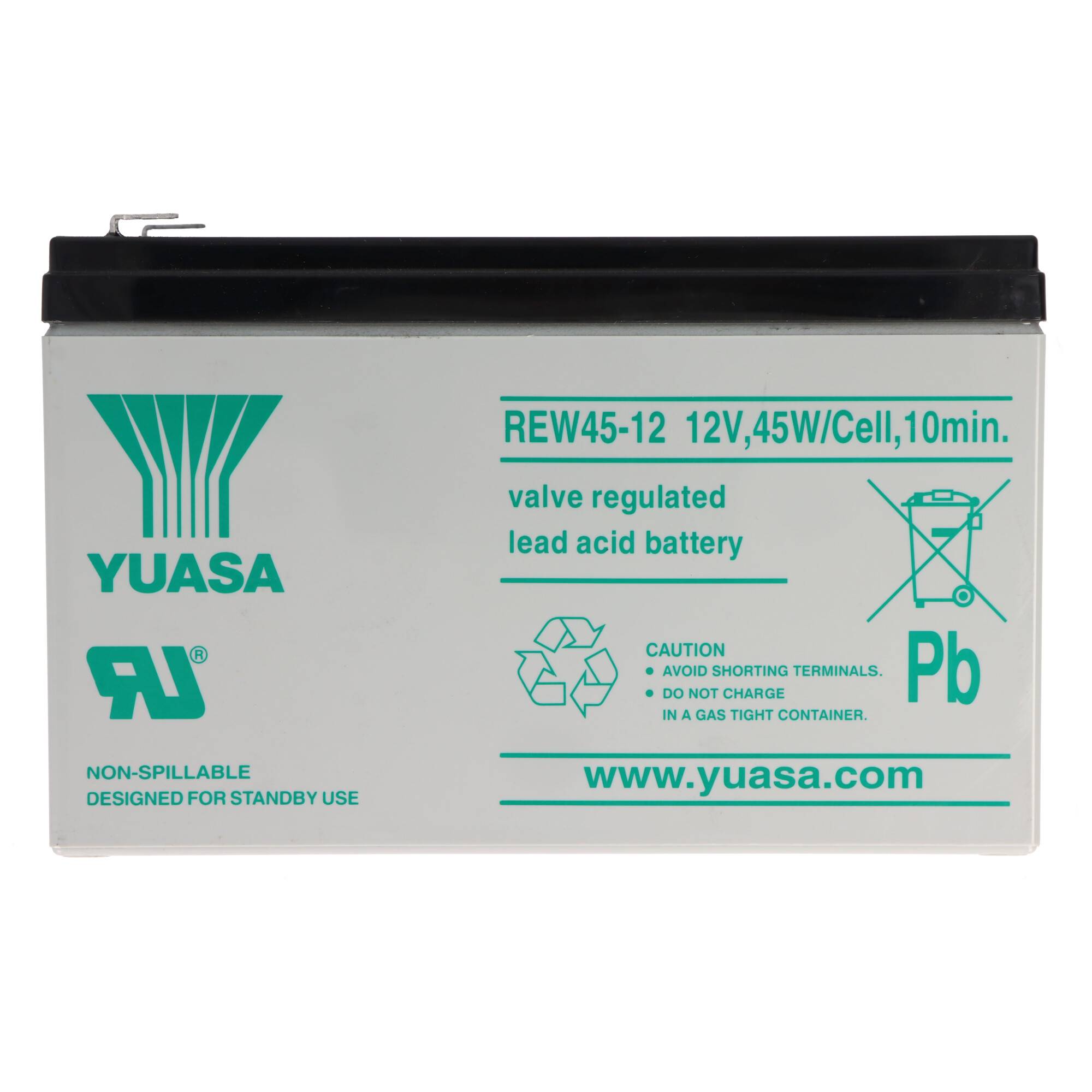 Yuasa REW45-12 12V wartungsfreie Blei-Säure-Batterie mit Recycling- und Warnsymbolen.