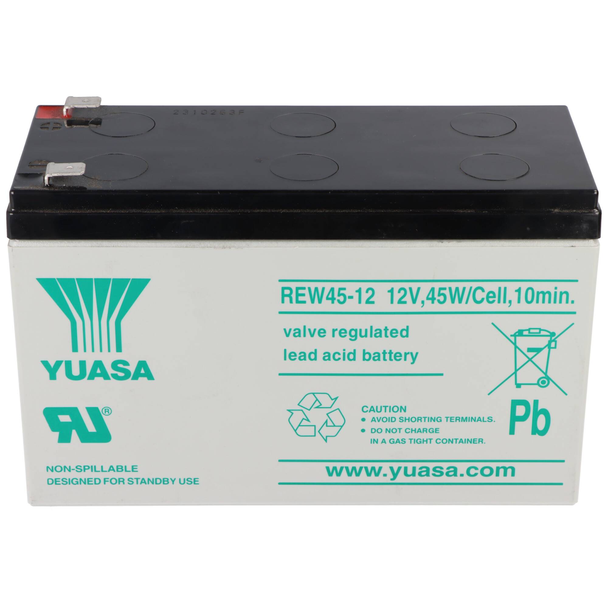 Weiße Yuasa-Bleiakkumulator mit schwarzem Deckel, beschriftet mit „REW45-12 12V.45W/Zelle,10min.
