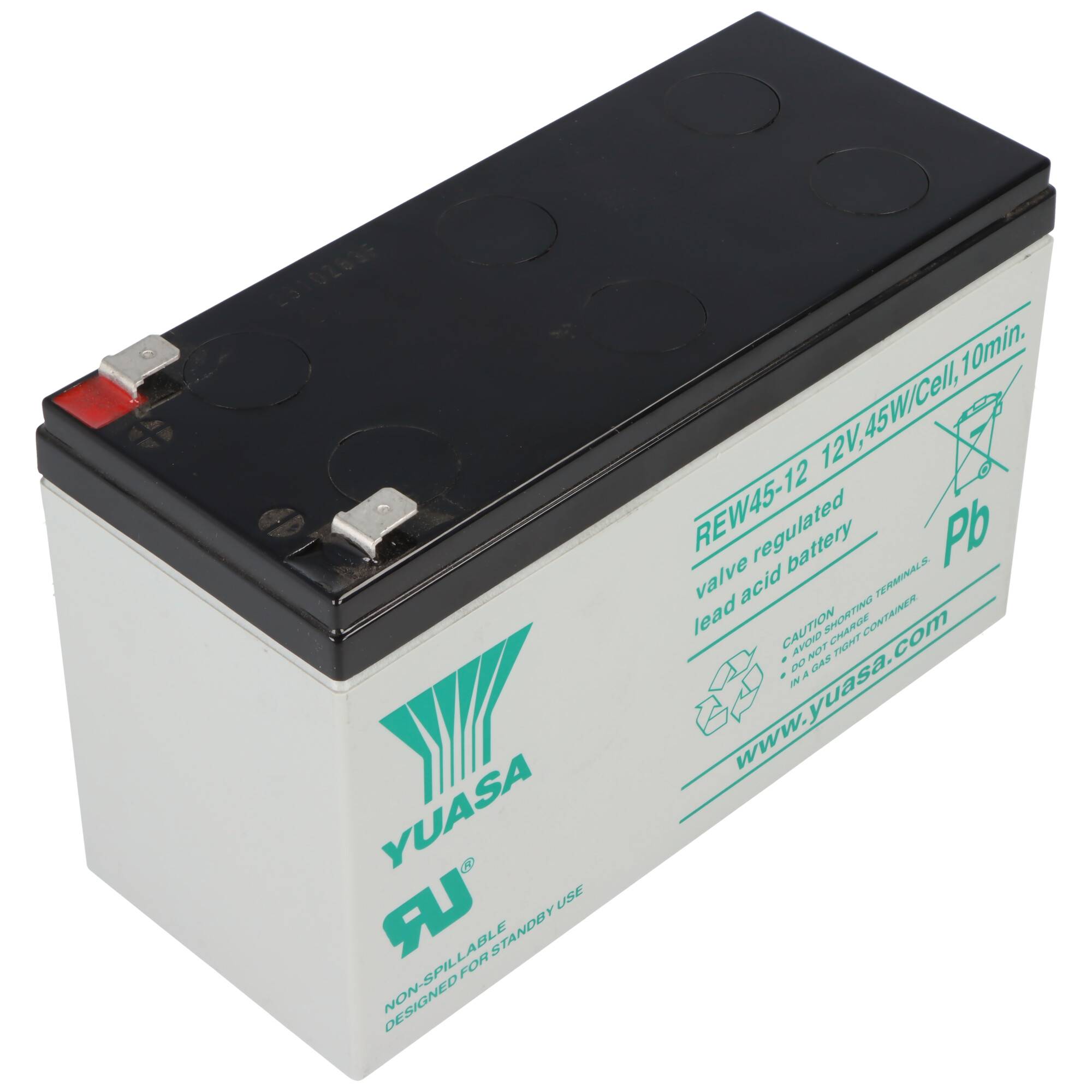 Yuasa versiegelte Bleiakku mit schwarzem Deckel und weißem Gehäuse, gekennzeichnet REW45-12, 12V 45W/Zelle 10min.