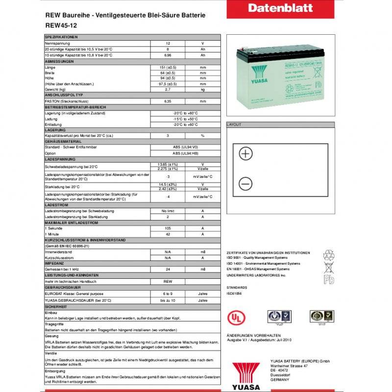 Yuasa REW45-12 Akku Blei Hochstrom 12V mit 8Ah, Faston 6,3mm Steckkontakte