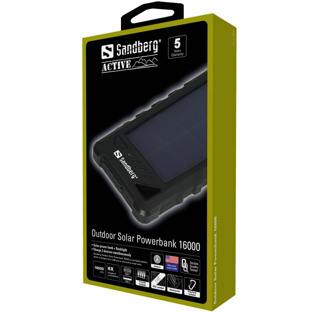 Sandberg Outdoor Solar Powerbank 16000 - Solar-Powerbank - Li-Ion - 16000 mAh - 3.4 A - 2 Ausgabeanschlussstellen (USB)