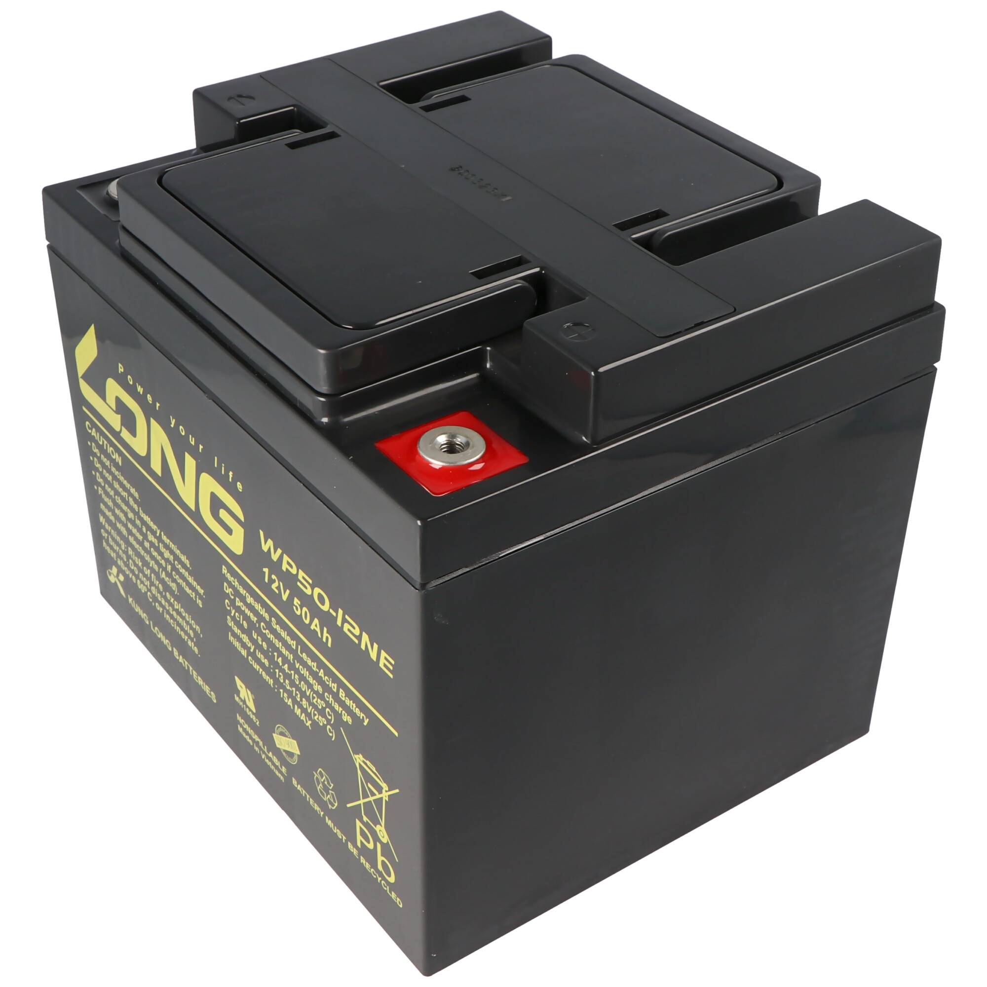 Schwarze versiegelte wiederaufladbare Batterie mit Oberklemmen und Tragegriff, gekennzeichnet mit 12V 5Ah.