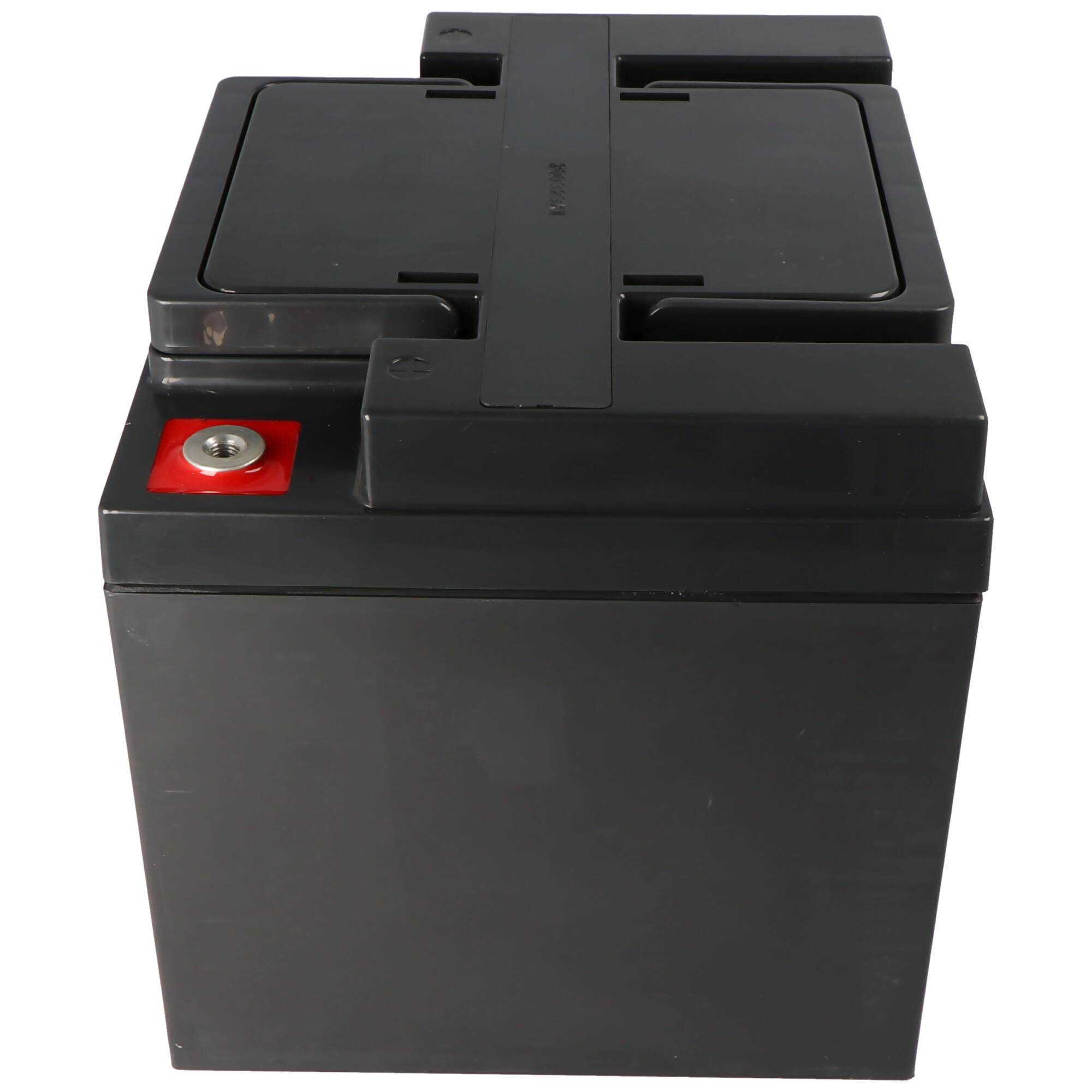Schwarze wiederaufladbare Batterie mit Anschlüssen oben und einem roten Pluspol-Stecker.