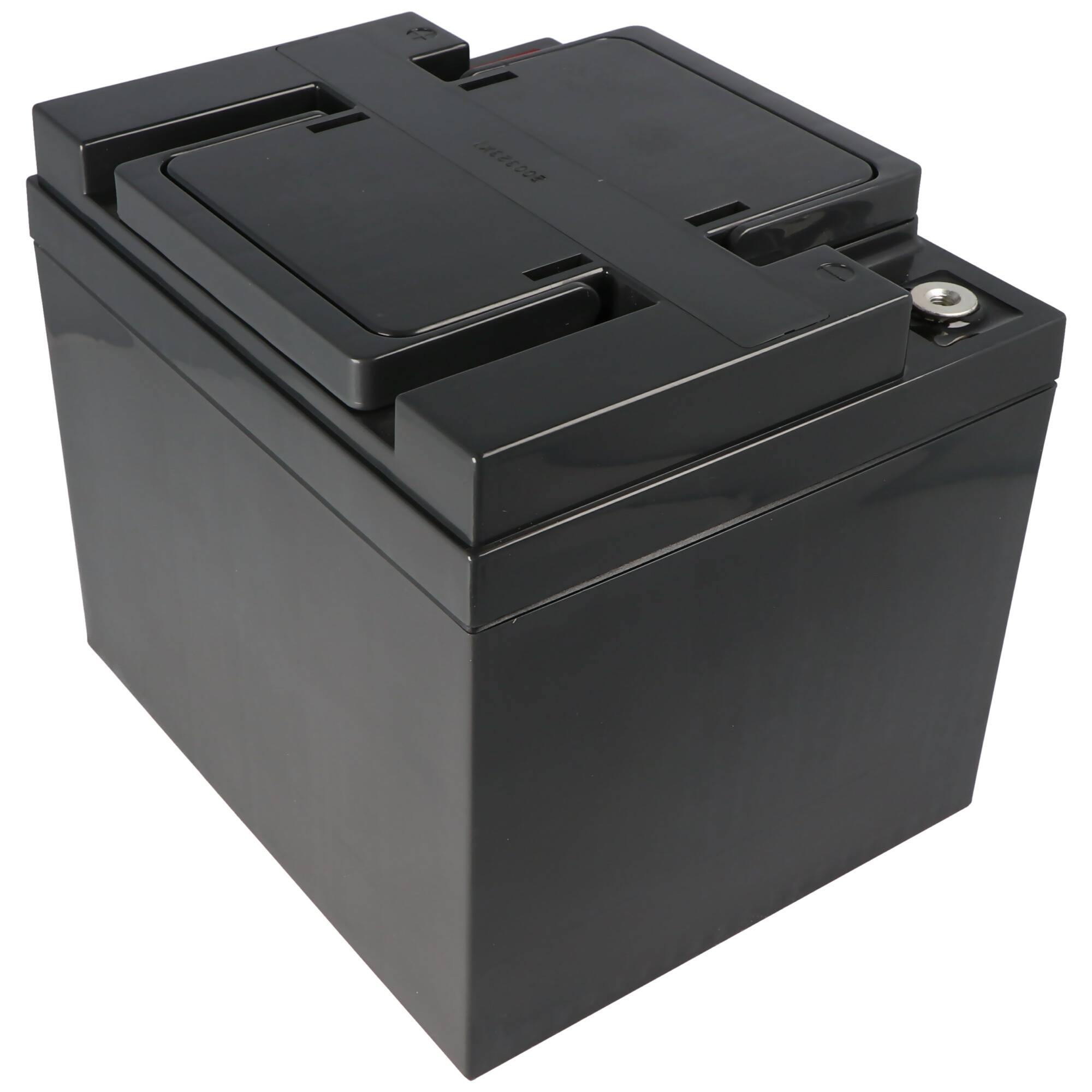 Schwarze versiegelte Bleisäure-Batterie mit Anschlüssen oben und Tragegriff, isoliert auf weißem Hintergrund.