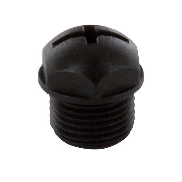 Eine schwarze Kunststoff-Gewindeschraube mit geschlitzter Oberseite, wahrscheinlich zum Abdichten oder Justieren einer Komponente verwendet.