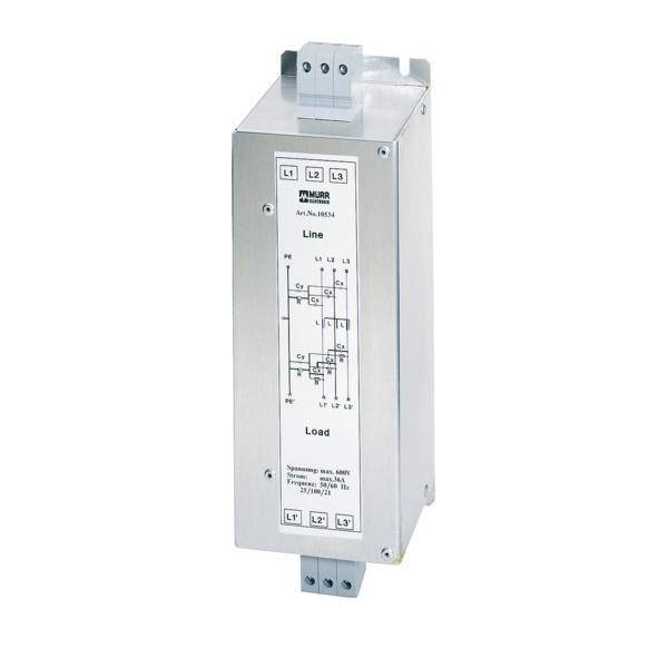 Silbernes Modul zum elektrischen Überspannungsschutz mit Schaltschema für Zuleitung/Last und L1, L2, L3-Anschlüssen