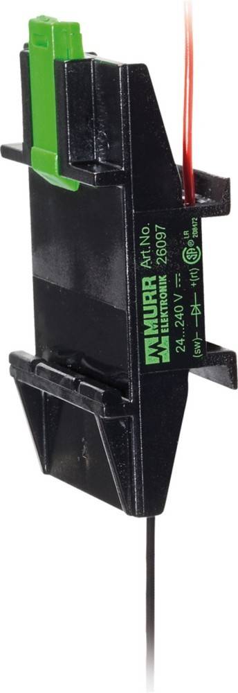 Eine schwarze elektronische Komponente mit der Beschriftung 'MURR ELEKTRONIK' zeigt Spezifikationen: Spannungsbereich 24-240V, zusammen mit weiteren technischen Details.