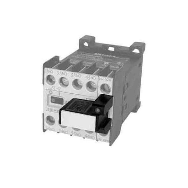 Ein Schwarz-Weiß-Bild eines elektrischen Schützes mit einem hervorstechenden rechteckigen Knopf oder Schalter auf der Vorderseite.
