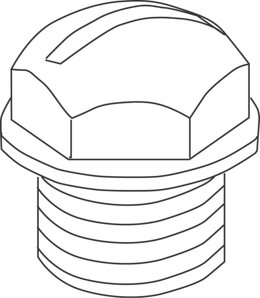Eine Linienzeichnung eines sechseckigen Schraubenkoples mit Gewindewelle, von der Seite betrachtet, die seine Form und Struktur veranschaulicht.