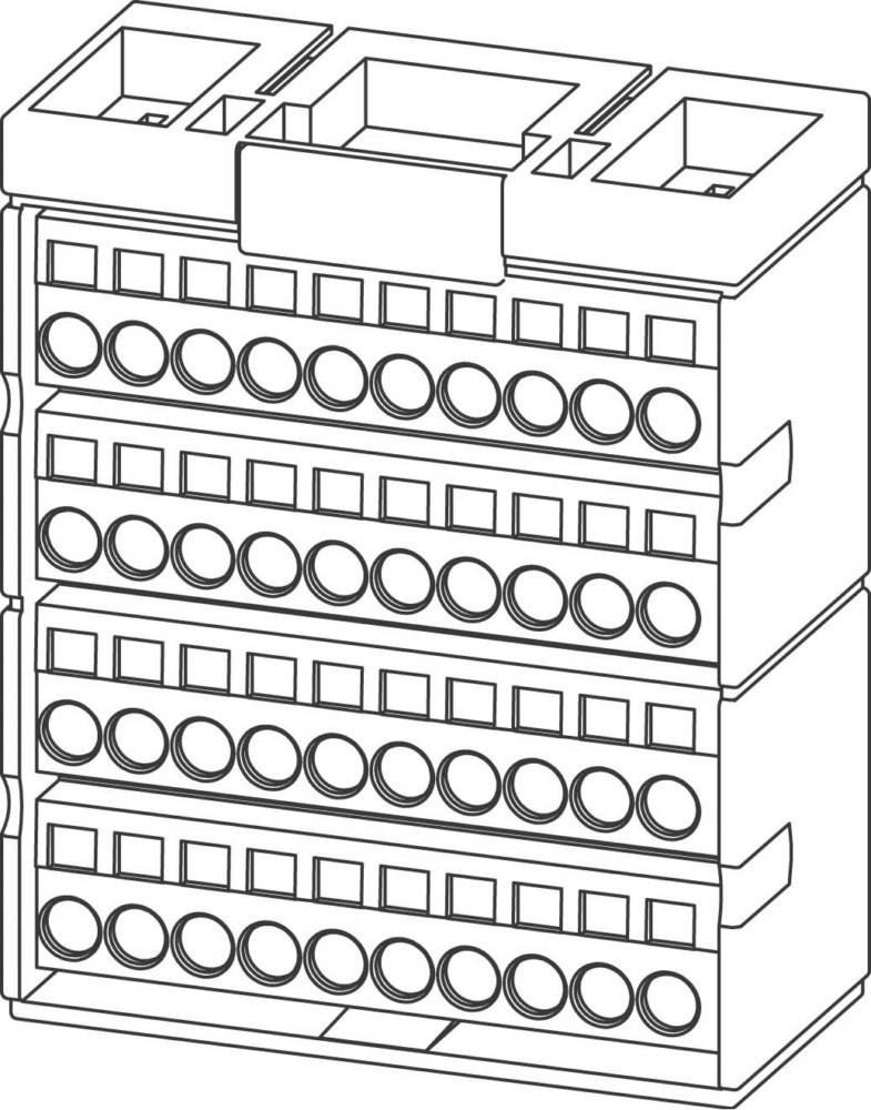 Eine Illustration zeigt einen Stapel elektrischer Anschlussklemmen mit mehreren Reihen und Spalten von kreisförmigen Anschlüssen, die zur Drahtverbindung verwendet werden.