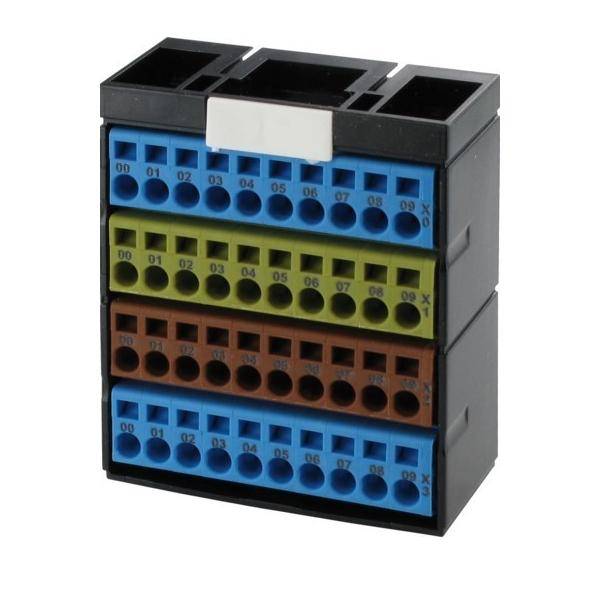 Farbcodierter Elektroklemmenblock mit vier Reihen von Anschlussöffnungen ohne Schrauben und nummerierten Öffnungen für die Verdrahtung.