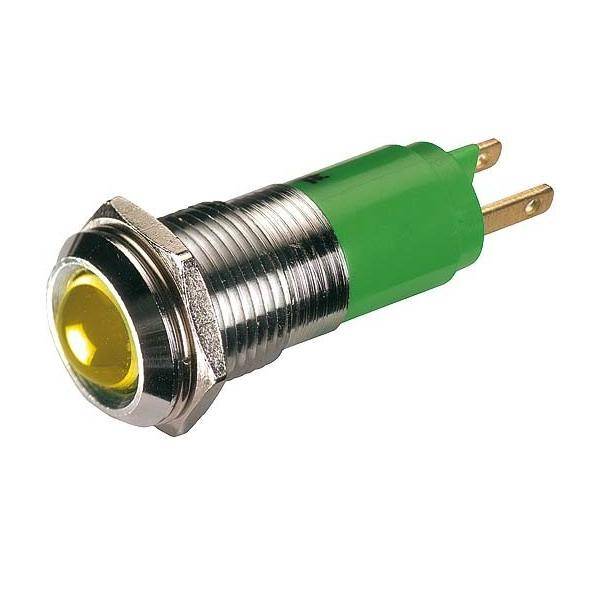 Ein Metalldrucktaster mit grünem Gehäuse und gelber Leuchtanzeige, konzipiert für elektronische oder industrielle Anwendungen.