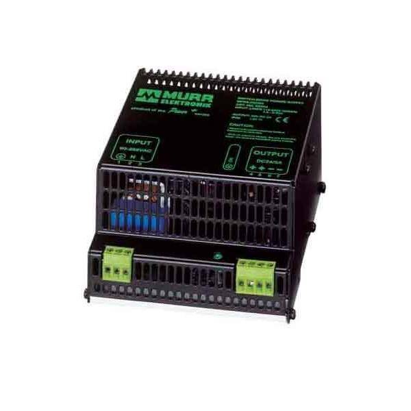 Murrelektronik Netzteil, schwarz, mit sichtbaren Eingabe- und Ausgangsklemmen. Grüne Schrift und Symbole zeigen Spezifikationen an.