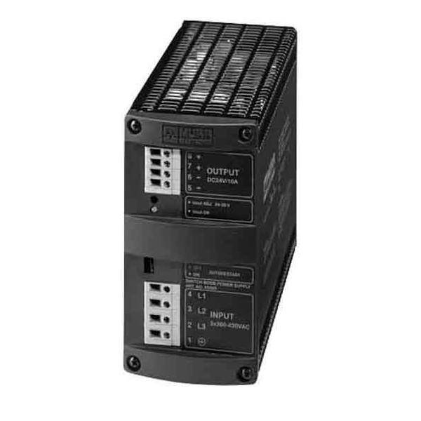 Eine schwarze, mit Metallgehäuse versehene industrielle Stromversorgungseinheit mit beschrifteten Eingangs- und Ausgangsklemmen.