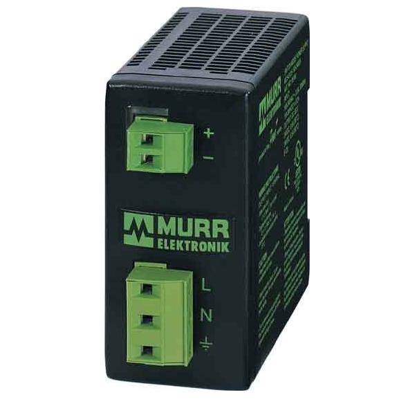 Ein schwarzes und grünes Murr Elektronik Netzteilmodul mit Klemmverbindungen, die mit '+', '-', 'L' und 'N' beschriftet sind.