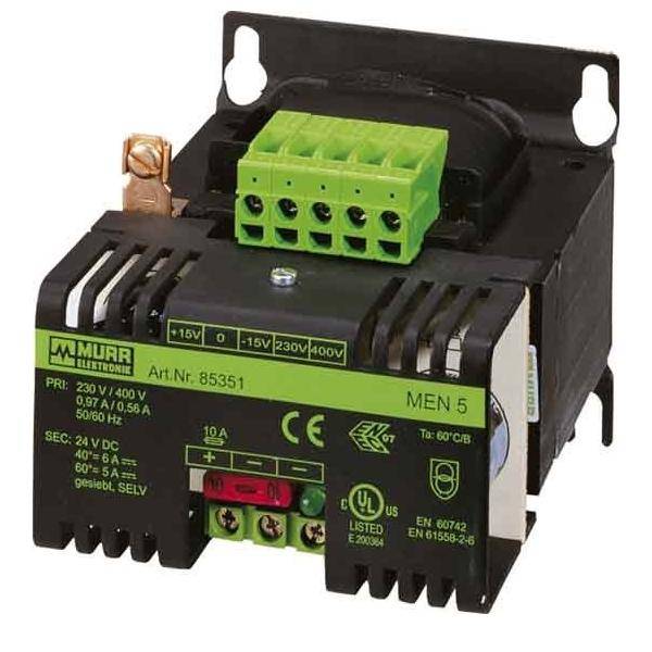 Ein Transformator mit mehreren Anschlüssen, gekennzeichnet mit '230V/400V', verschiedenen Spannungsausgängen und Konformitätszeichen wie 'UL'.