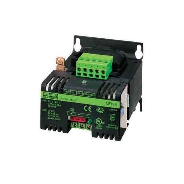 Ein schwarzer Murrelektronik-Transformator mit einem grünen Anschlussblock und seitlichen Beschriftungen, verwendet zur Umwandlung elektrischer Spannung.