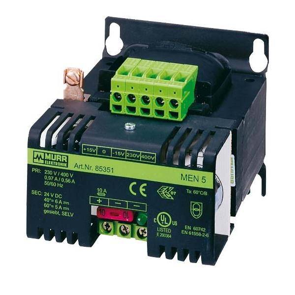 Industrielle elektrische Komponente, gekennzeichnet mit 'Murr Elektronik.' Ausgestattet mit grünem Anschlussblock, schwarzem Gehäuse und technischen Spezifikationen.