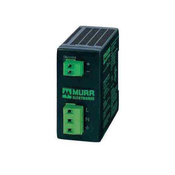 Eine rechteckige schwarze Netzteileinheit mit grünen elektrischen Anschlüssen, beschriftet mit 'Murr Elektronik'.