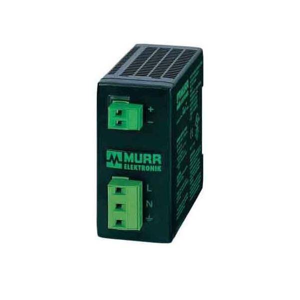 Eine kompakte Netzteileinheit mit einem grünen Murr Elektronik Logo. Das Gerät verfügt über Klemmenblöcke für einfache elektrische Anschlüsse.