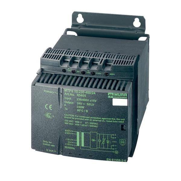 Industrie-DIN-Schienen-Stromversorgungsgerät mit vorderen Statusanzeigen und Anschllussklemmen, gekennzeichnet mit Murr Elektronik, zur Umwandlung von AC-Eingang zu DC-Ausgang.