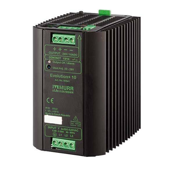 Schwarze elektronische Vorrichtung mit der Bezeichnung 'Murr Elektronik Evolution+10', zur Steuerung von Spannungs-Ein- und Ausgabe. Verfügt über Anschlüsse und grüne Indikatoren auf der Oberseite.