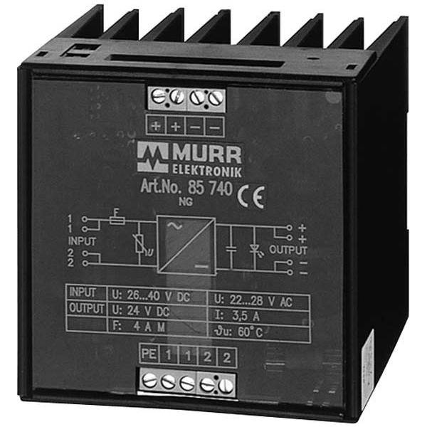 Black Murr Elektronik Netzteil Art.-Nr. 85 740 mit Eingangsspannung von 26-40V DC, Ausgangsspannung von 22-28V AC und einer Strombelastbarkeit von 3,5A.
